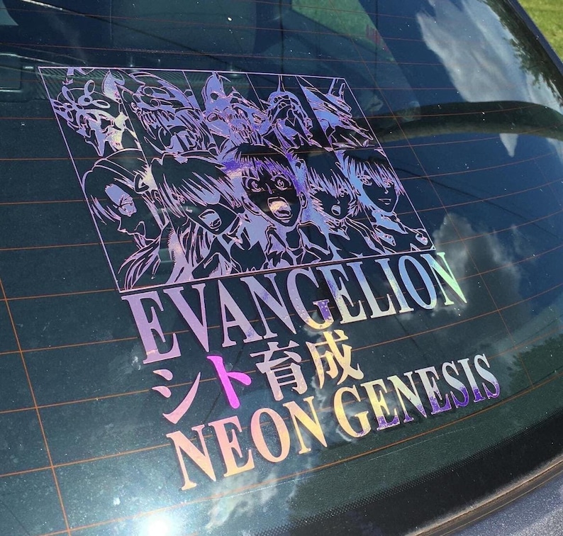 May include: A holographic sticker featuring a group of anime characters from the show Neon Genesis Evangelion. The sticker has the text "EVANGELION" and "NEON GENESIS" in a rainbow holographic font.