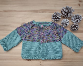 Handmade Baby Cardigan Coat in Light Green and Variegated Soft Colours