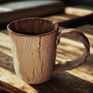 May include: A handmade ceramic mug with a textured, crackled surface in shades of brown and beige. The mug has a large, uniquely shaped handle and a rustic aesthetic, perfect for enjoying coffee or tea. The mug is approximately 4 inches tall.