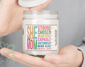 Christian Mother's Day Candle Gift, Bible Verse Present For Mom, She Is Strong Chosen Beautiful Loved Gift, Religious Scented Soy Candle