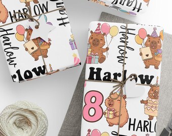 Custom Age Capybara Birthday Wrapping Paper Roll, Personalized Name Girl's Birthday Gift Wrap, Children's B-Day Decor, Kids Capybara Theme