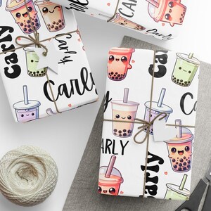 Anpassat namn Kawaii japanskt Boba mjölkte omslagspapper, personlig lokal Hawaii bubbeldrink för alla tillfällen presentinslagning