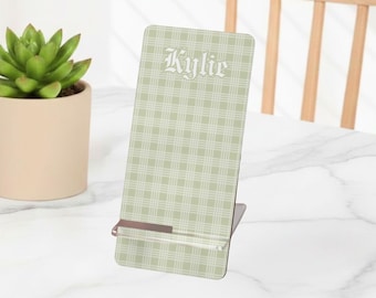 Custom Hawaiian Sage Green Palaka Phone Stand Gift, Personalized Hawaiian Plaid Phone Stand For Desk