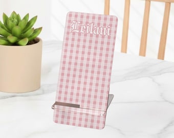 Custom Hawaiian Pink Palaka Phone Stand Gift, Personalized Hawaiian Plaid Phone Stand For Desk