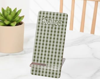 Custom Hawaiian Olive Green Palaka Phone Stand Gift, Personalized Hawaiian Plaid Phone Stand For Desk