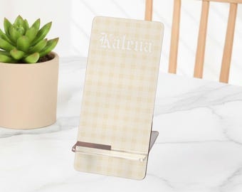 Custom Hawaiian Butter Yellow Palaka Phone Stand Gift, Personalized Hawaiian Plaid Phone Stand For Desk