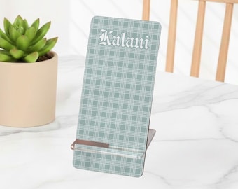 Custom Hawaiian Dusty Blue Palaka Phone Stand Gift, Personalized Hawaiian Plaid Phone Stand For Desk