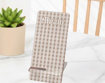 Custom Hawaiian Beige Palaka Phone Stand Gift, Personalized Hawaiian Plaid Phone Stand For Desk