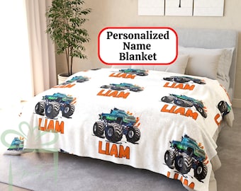 Personalized Name Monster Truck Blanket, Kid Custom Boy Truck Theme Minky Fleece, Children Christmas Eve Box Gift, Child Birthday Present