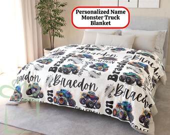 Personalized Name Lifted Truck Blanket, Custom Xmas Minky Fleece Throw, Matching Pillowcase Set, Monster Truck Boy Birthday Present Gift