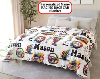 Personalized Name Race Car Blanket, Custom Xmas Racer Fleece Throw, Christmas Eve Box Gift, Racing Sport Child Teen Boy Birthday Present