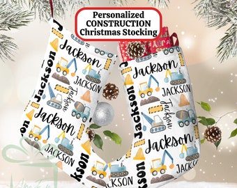 Personalized Construction Large Christmas Stocking, Custom Children's Name Stocking, Kids Holiday  Gift, Child Xmas Stocking Home Decor, Boy