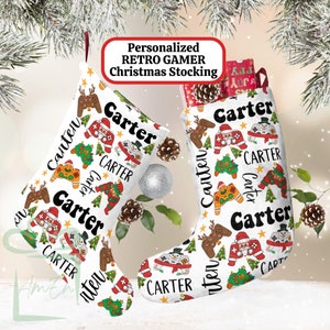 Personalized Retro Gamer Large Christmas Stocking, Custom Children&#39;s Name Stocking, Kids Holiday  Gift, Child Video Game Stocking Home Decor