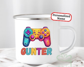 Personalized Gamer Kids Hot Cocoa Mug Gift, Child Video Gaming Xmas Stocking Stuffer, Custom Christmas Hot Chocolate Cup, Unbreakable Enamel