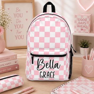 Personalized Pink Checkered Backpack Tumbler Set, Sport Back To School Lunch Bag, Custom Name Travel Daycare Knapsack, Bookbag Birthday Gift