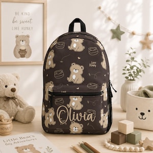 Personalized Honey Bear Backpack Set, Neutral Back To School Lunch Bag Tumbler, Custom Name Daycare Diaper Bag, Teddy Bookbag Birthday Gift