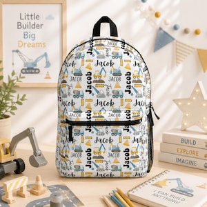 Personalized Construction Truck Backpack Lunch Bag Tumbler Set, Back To School Bookbag, Custom Name Daycare Travel Knapsack, Birthday Gift