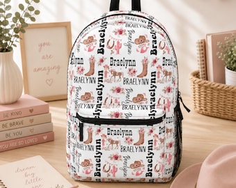 Gepersonaliseerde boho cowgirl rugzak, country kinder lunchtas set voor terug naar school, reistas met naam voor de kinderopvang, drinkbeker voor meisjes als verjaardagscadeau