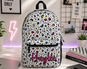 Personalized Leopard Print Backpack Set, Cheetah Back To School Lunch Bag Tumbler Custom Name Travel Daycare Knapsack, Bookbag Birthday Gift
