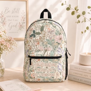 Conjunto de mochila con versículo bíblico floral estilo bohemio, Filipenses 4:13, bolsa de almuerzo con flores, vaso, estudio bíblico, mochila para libros, regalo de cumpleaños