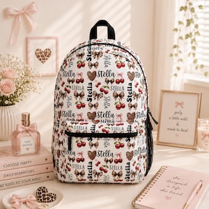 Conjunto de Mochila e Lancheira Personalizadas Coquette Cherry Bow, Estampa de Leopardo, Mochila Escolar com Nome Personalizado, Presente Floral de Aniversário