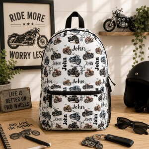 Personalized Motorcycle Backpack Lunch Bag Tumbler Set, Kid Biker Back To School Bookbag, Custom Name Daycare Knapsack, Racing Birthday Gift