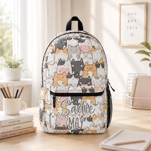 Personalisierte süße Katze Rucksack Set, Kawaii Kitty Zurück zu Schule Lunch Bag Tumbler, Benutzerdefinierter Name Kinderkrippe Ranzen, Büchertasche Geburtstagsgeschenk