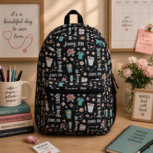 Personalized RN Nurse Backpack Lunch Bag And Water Bottle Set, Nursing Student Bookbag Custom Travel Knapsack Registered Nurse Birthday Gift