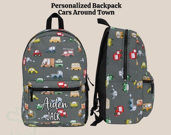 Personalisiertes Fahrzeug Autos Rucksack, Kind zurück zu Schule Lunch Bag Set, benutzerdefinierter Name Reise Bookbag, Kindertagestasche, LKW Jungen Geburtstagsgeschenk