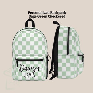 Ensemble de gobelets sac à dos personnalisé à carreaux sauge, sac à lunch sport pour la rentrée des classes, sac à dos de voyage pour garderie avec nom personnalisé, sac de livres cadeau d'anniversaire