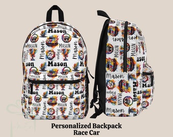 Personalisierter Rennwagen-Rucksack Lunch Bag Tumbler-Set, Kid Racer Back To School Bookbag, benutzerdefinierter Name Daycare Ranzen, Racing Geburtstagsgeschenk