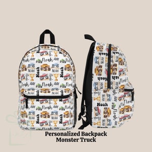 Personalized Lifted Monster Truck Backpack, Kid Back To School Lunch Bag Set, Custom Name Travel Bookbag, Daycare Tumbler, Boy Birthday Gift