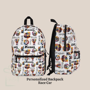 Personalized Race Car Backpack Lunch Bag Tumbler Set, Kid Racer Back To School Bookbag, Custom Name Daycare Knapsack, Racing Birthday Gift