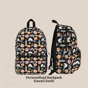 Personalized Kawaii Sushi Backpack Set, Musubi Food Back To School Lunch Bag Tumbler, Custom Name Daycare Knapsack, Bookbag Birthday Gift