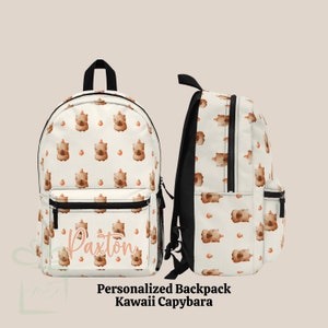 Joli ensemble personnalisé de sac à dos Capybara, gobelet de sac à lunch pour la rentrée scolaire pêche kawaii, sac à dos personnalisé pour garderie, cadeau d'anniversaire cartable