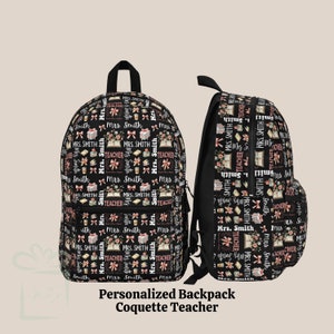 Personalized Coquette Teacher Backpack Lunch Bag And Water Bottle Set, Back To School Bookbag Custom Travel Knapsack, Teaching Birthday Gift