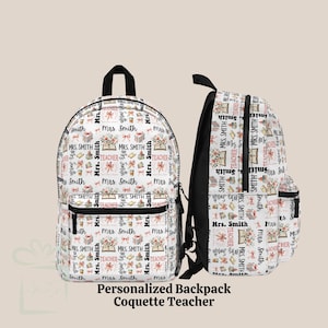 Personalized Coquette Teacher Backpack Lunch Bag And Water Bottle Set, Back To School Bookbag Custom Travel Knapsack, Teaching Birthday Gift
