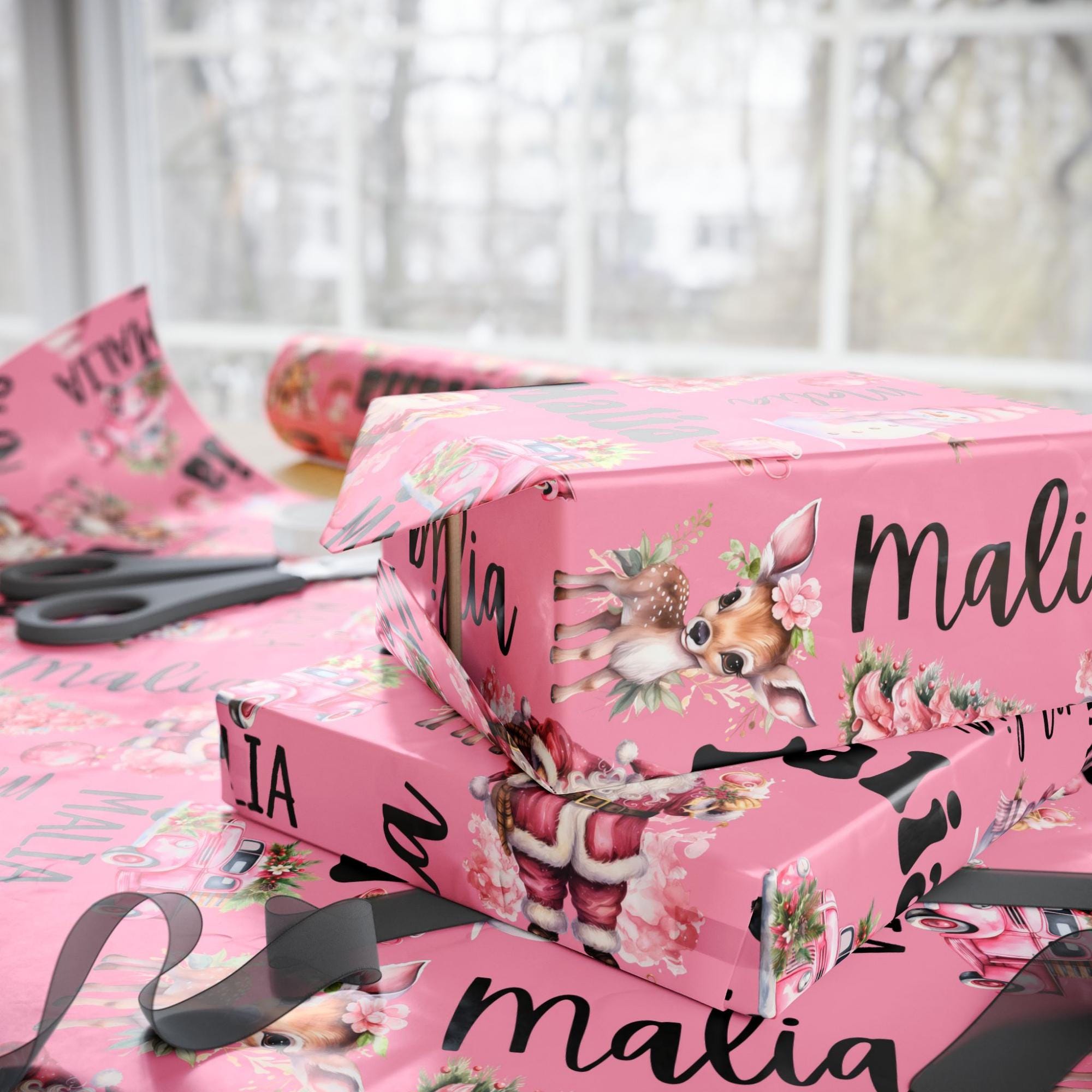 Personalized Name Pink Retro Christmas Wrapping Paper Roll, Custom Nostalgic Holiday Season Vintage Gift Wrap Sheet Decorative Present Wrap