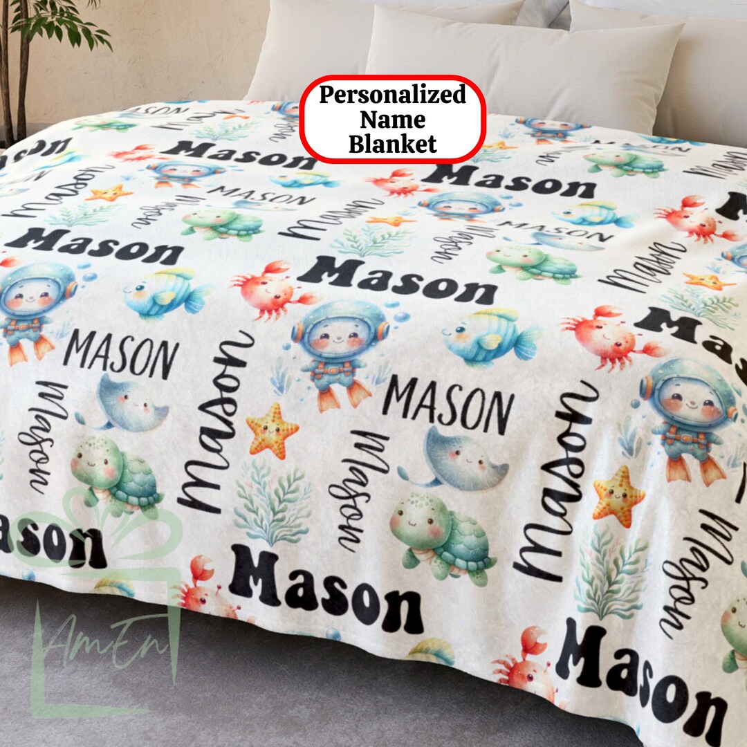 Personalized Name Under Sea Life Ocean Blanket Gift, Custom Fish Xmas ...