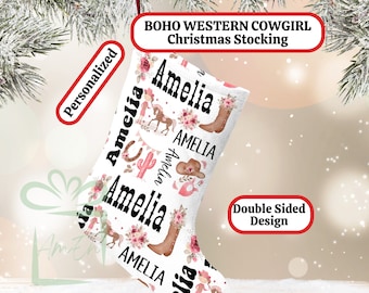 Custom Western Cowgirl Large Christmas Stocking, Personalized Children's Name Stocking Kid Holiday Gift, Child Floral Boho Country Girl Xmas