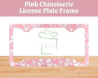 Pink Chinoiserie License Plate Cover Frame, Toile De Jouy Car Accessory Gift, New Car Accessory, Vintage Rose Floral License Plate Frame