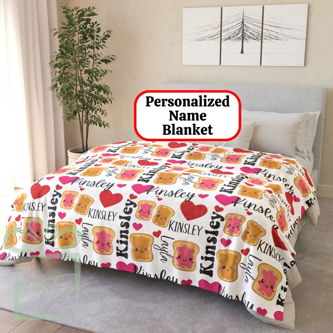 Pbj Love Heart Blanket, Personalized Name Custom Valentine's Day Peanut Butter Jelly Sandwich