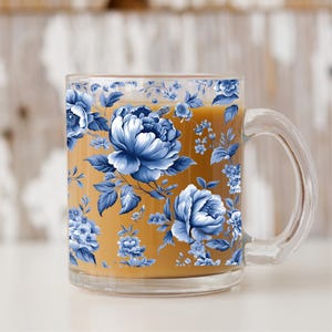 Chinoiserie Floral Glass Mug Gift, Blue French Toile De Jouy Glass Mug, Gift For Mom For Mother&#39;s Day, Vintage Floral Bridesmaid Coffee Mug
