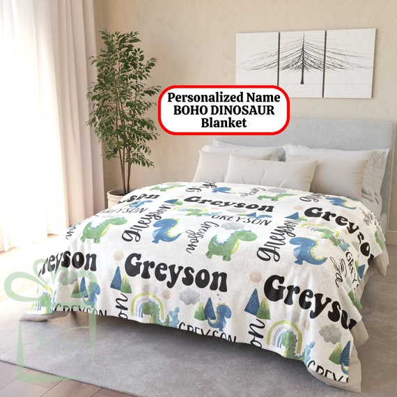 Personalized Boho Dinosaur Blanket Custom Dino Xmas Fleece Throw