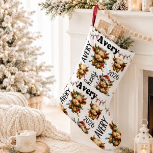 Personalized Boho Baby Highland Cow Large Christmas Stocking, Custom Children's Name Stocking Kid Holiday  Gift, Child Xmas Lights Stocking