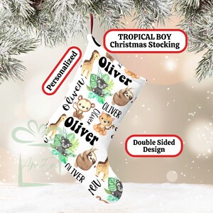 Custom Tropical Baby Animal Large Christmas Stocking, Personalized Children&#39;s Name Neutral Jungle Stocking Kid Holiday , Boy Child Xmas Gift