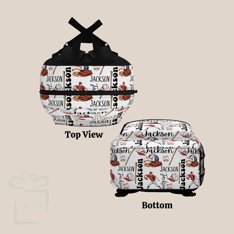 May include: White baseball-themed backpack with black straps. The backpack has a repeating pattern of baseball bats, baseballs, and the name "Jackson". The backpack is shown from the top and bottom.
