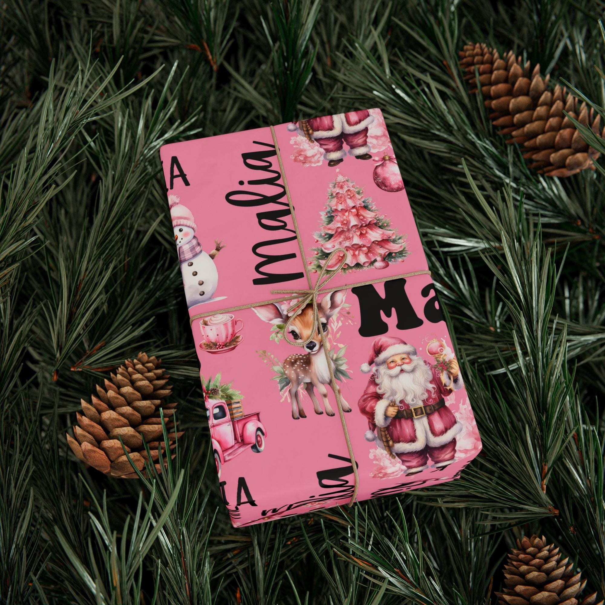 Personalized Name Pink Retro Christmas Wrapping Paper Roll, Custom Nostalgic Holiday Season Vintage Gift Wrap Sheet Decorative Present Wrap