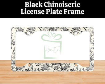 Black Chinoiserie License Plate Cover Frame, Toile De Jouy Car Accessory Gift, New Car Accessory Flowers, Vintage Floral License Plate Frame