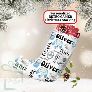 Personalized Retro Gamer Large Christmas Stocking, Custom Children&#39;s Name Stocking, Kids Holiday  Gift, Child Video Game Stocking Home Decor